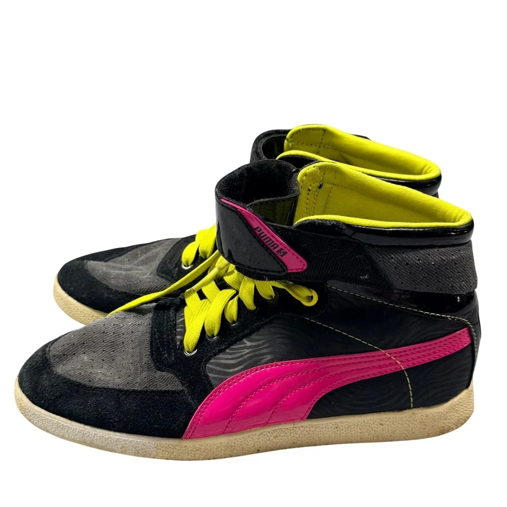 Puma High Top Sneakers Womens 7.5 Black Pink Yellow Suede Strap 355520-01 Y2K